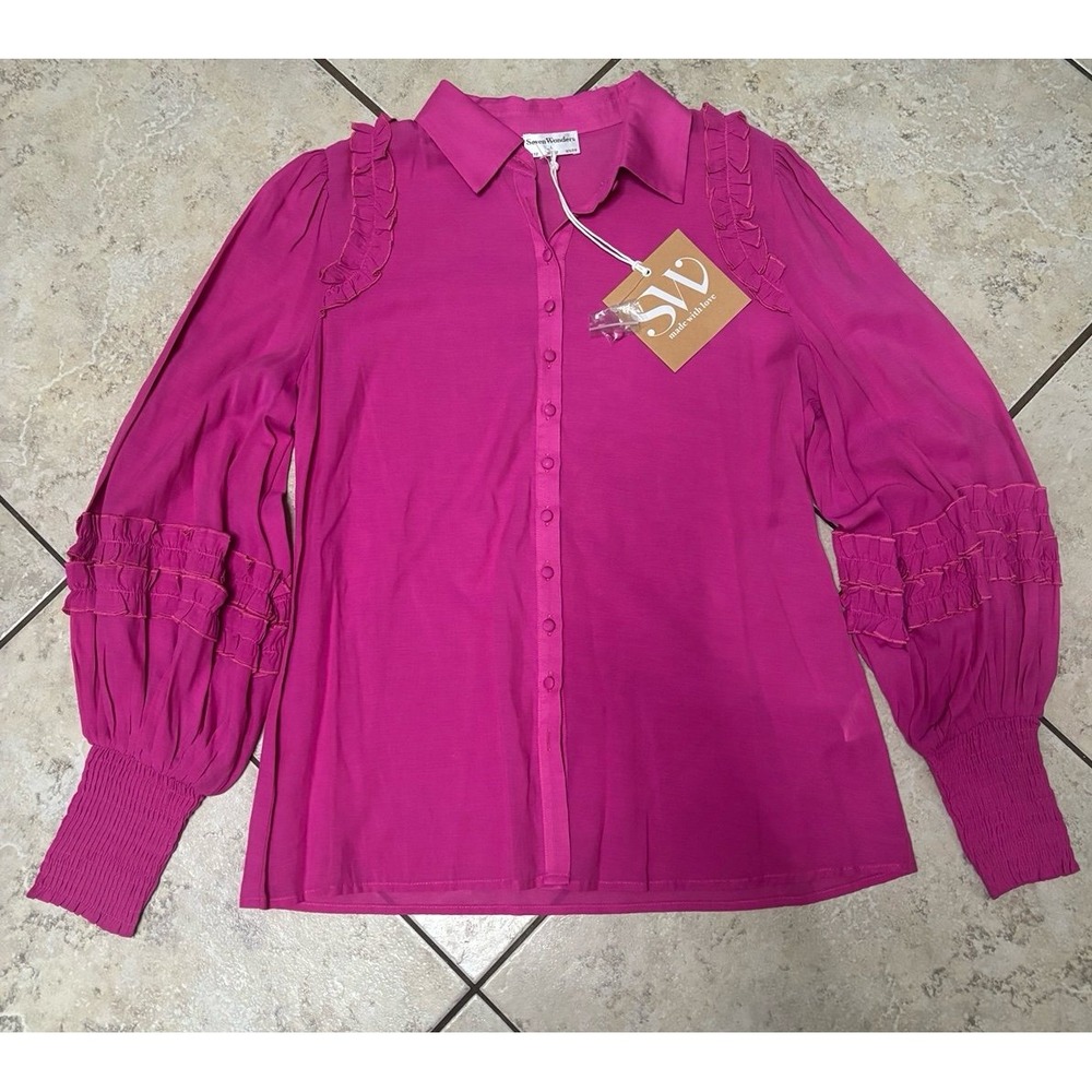 NWT Seven Wonders  fuchsia pink ruffled trim blouse size large